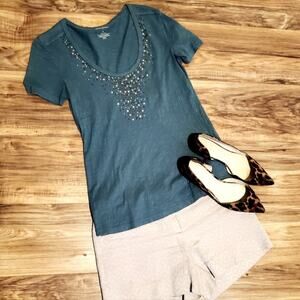 BANANA REPUBLIC woman's short sleeve top Studded neckline Sz.Small